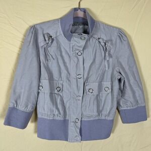 C Magic Jacket Womens Large Blue Striped Twill Snap Front 3/4 Sleeve Lightweight